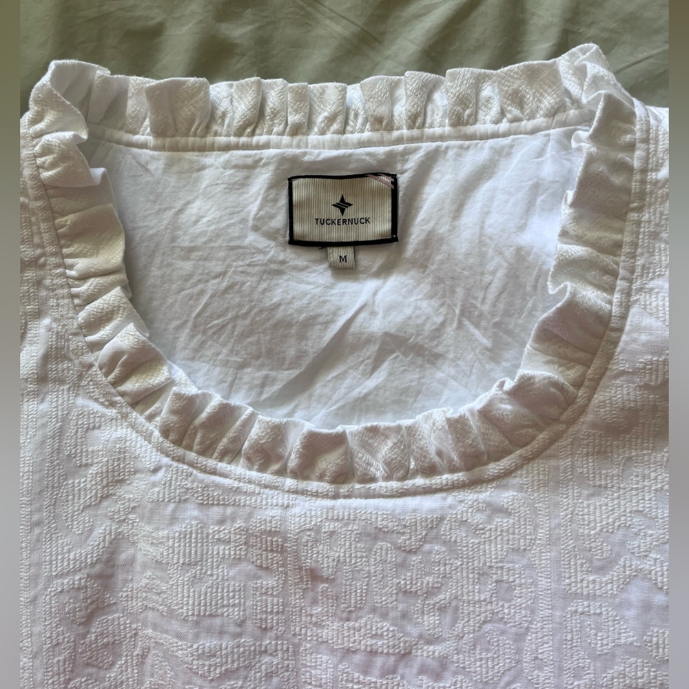 Tuckernuck Clara White Mini Dress Ruffle Cross Stitch Empire Medium - Picture 7 of 8